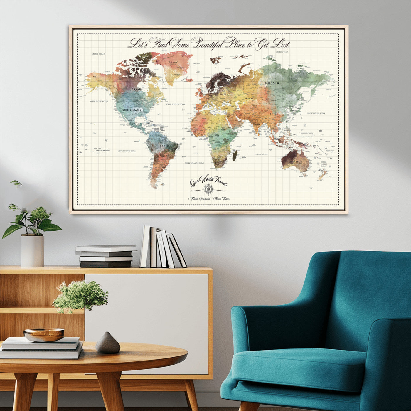 29289638-MGV-FC-36X24_Natural-Personalized World Map Print - Customizable Push Pin Framed World Map Print on Canvas - Custom Quote on Map Print