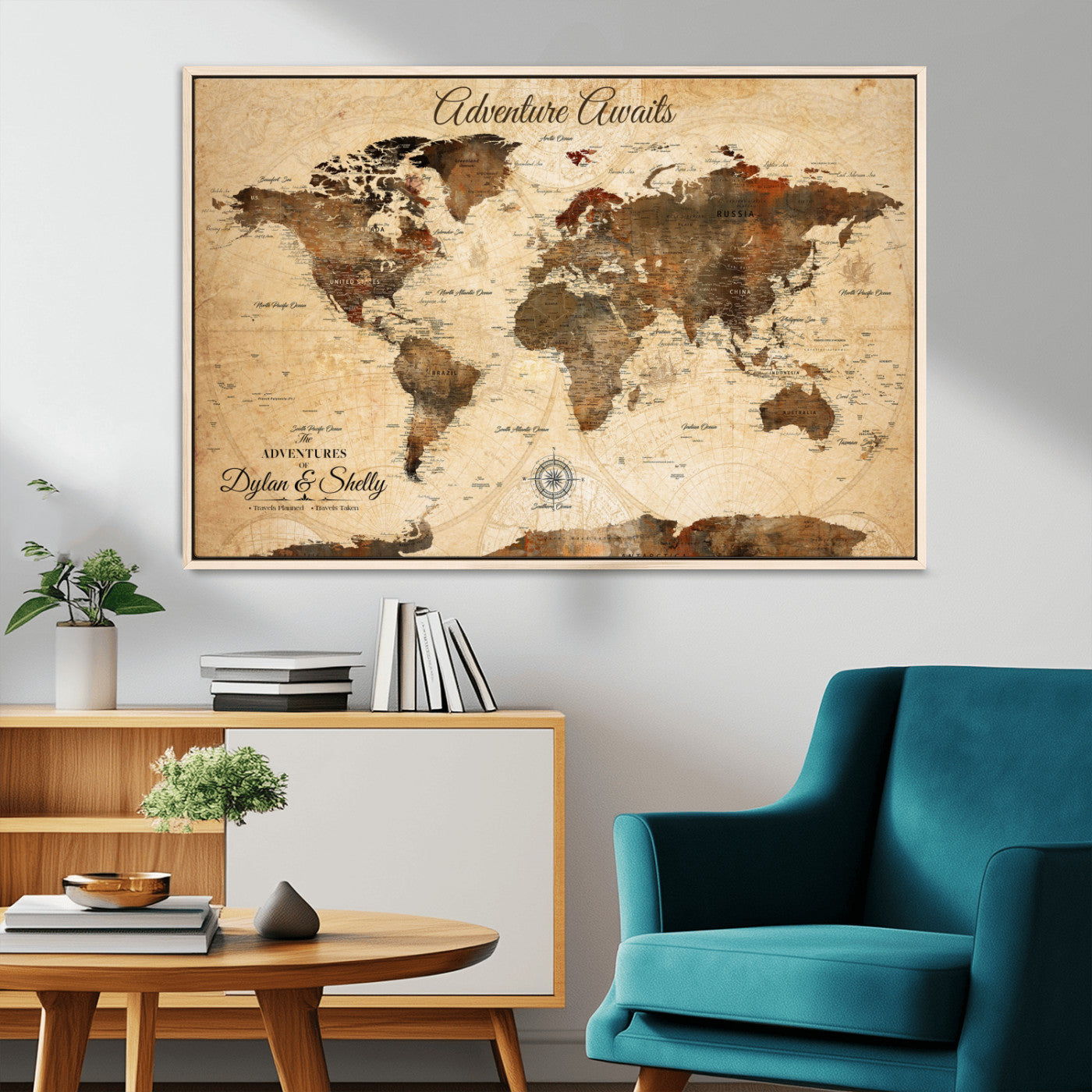 66357947-MGV-CV-36X24-Personalized World Map Print, Customizable Push Pin Framed World Map Print on Canvas - Custom Quote on Map Print