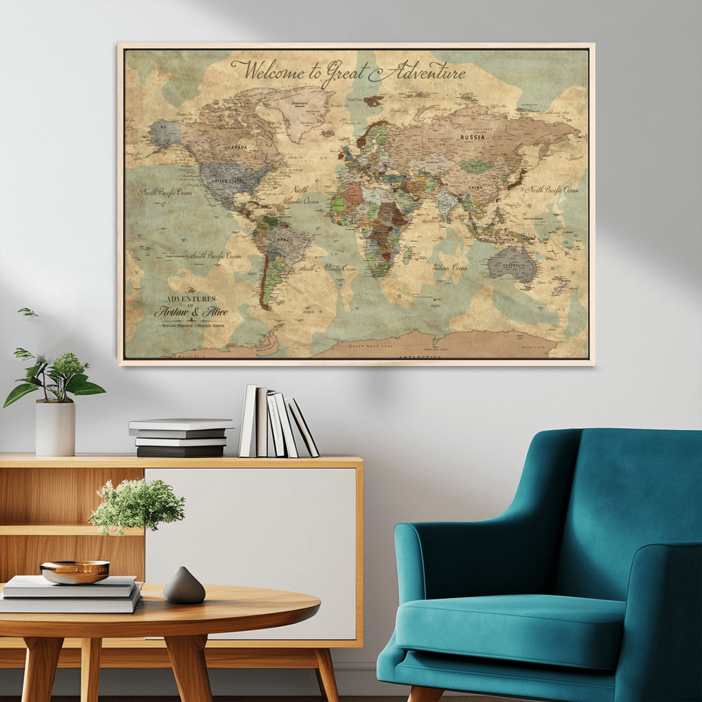 37466236-MGV-FC-36X24_Natural-Custom Push Pin World Map Wall Canvas Print – Personalized Travel Tracker with Pins – Framed Custom Quotie Canvas for Home Office Decor