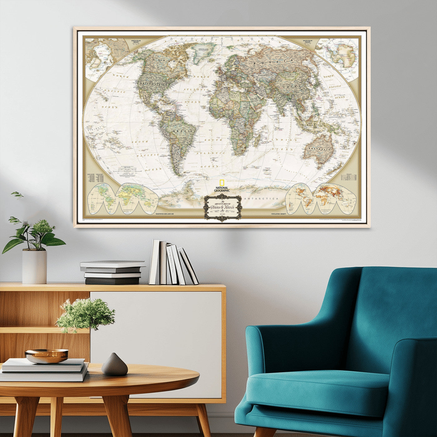 Custom Push Pin World Map Wall Art Canvas Print – Personalized National Geopraphic Map for Travel Plan – Framed Customize Animal Map for Stady Room Decor