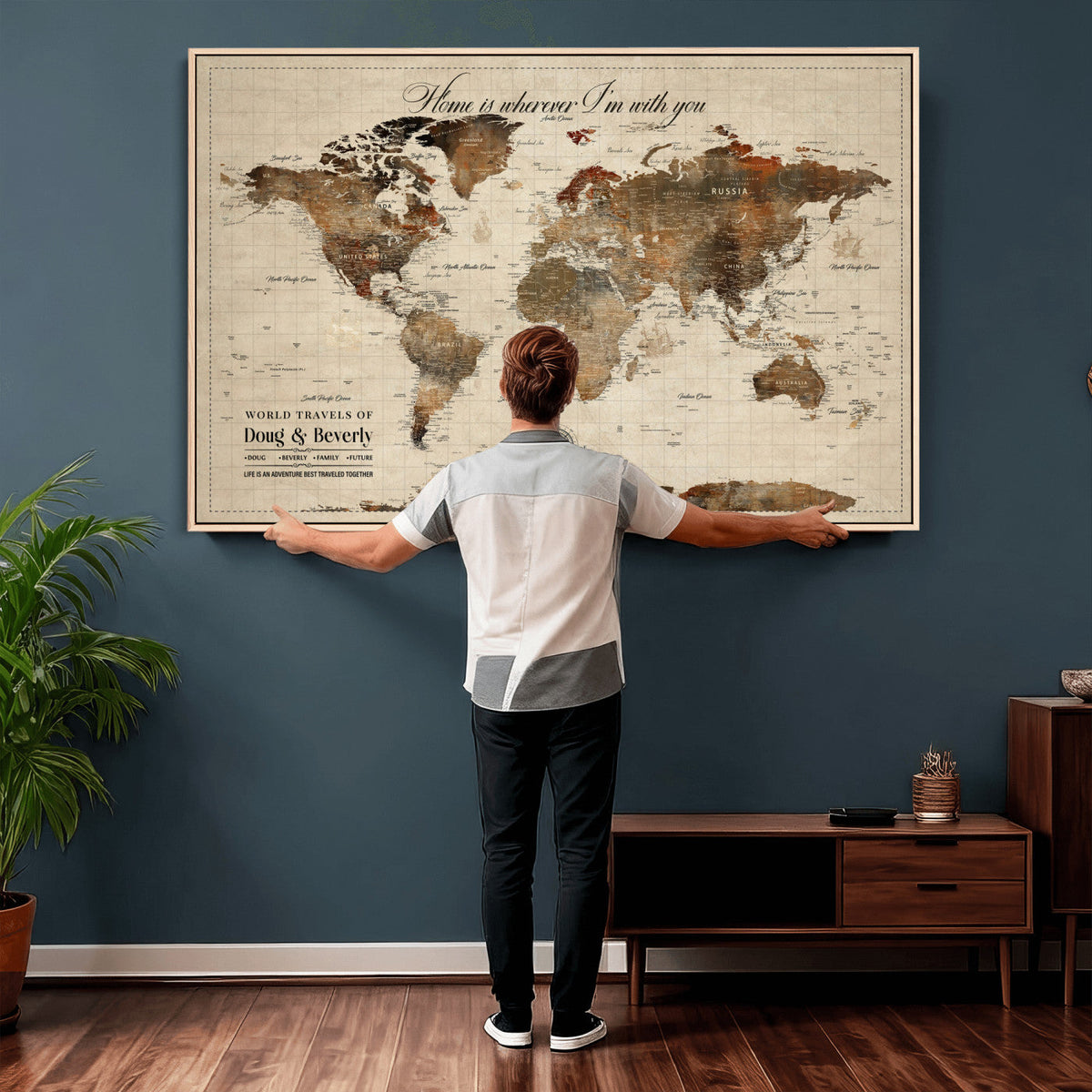 Large Custom Framed Beige Vintage World Travel Map Wall Art with Pins, Couples Countries Visited Map, Living Room and Hallway Decor