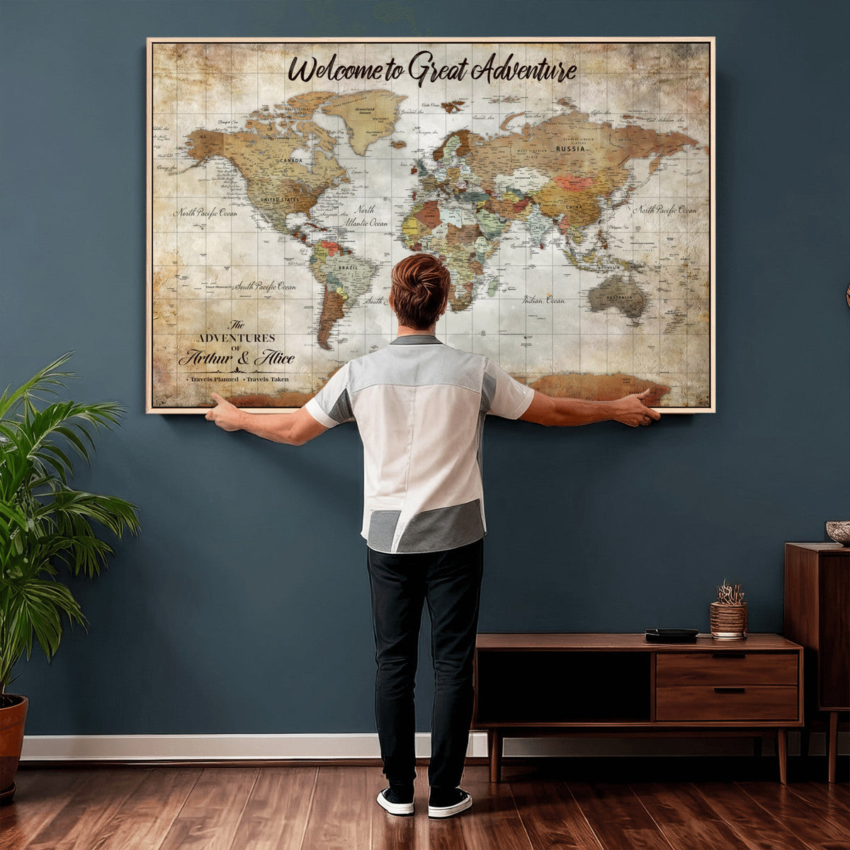 Personalized Beige Push Pin World Map Wall Art, Bucket List Map, Living Room and Family Room Decor