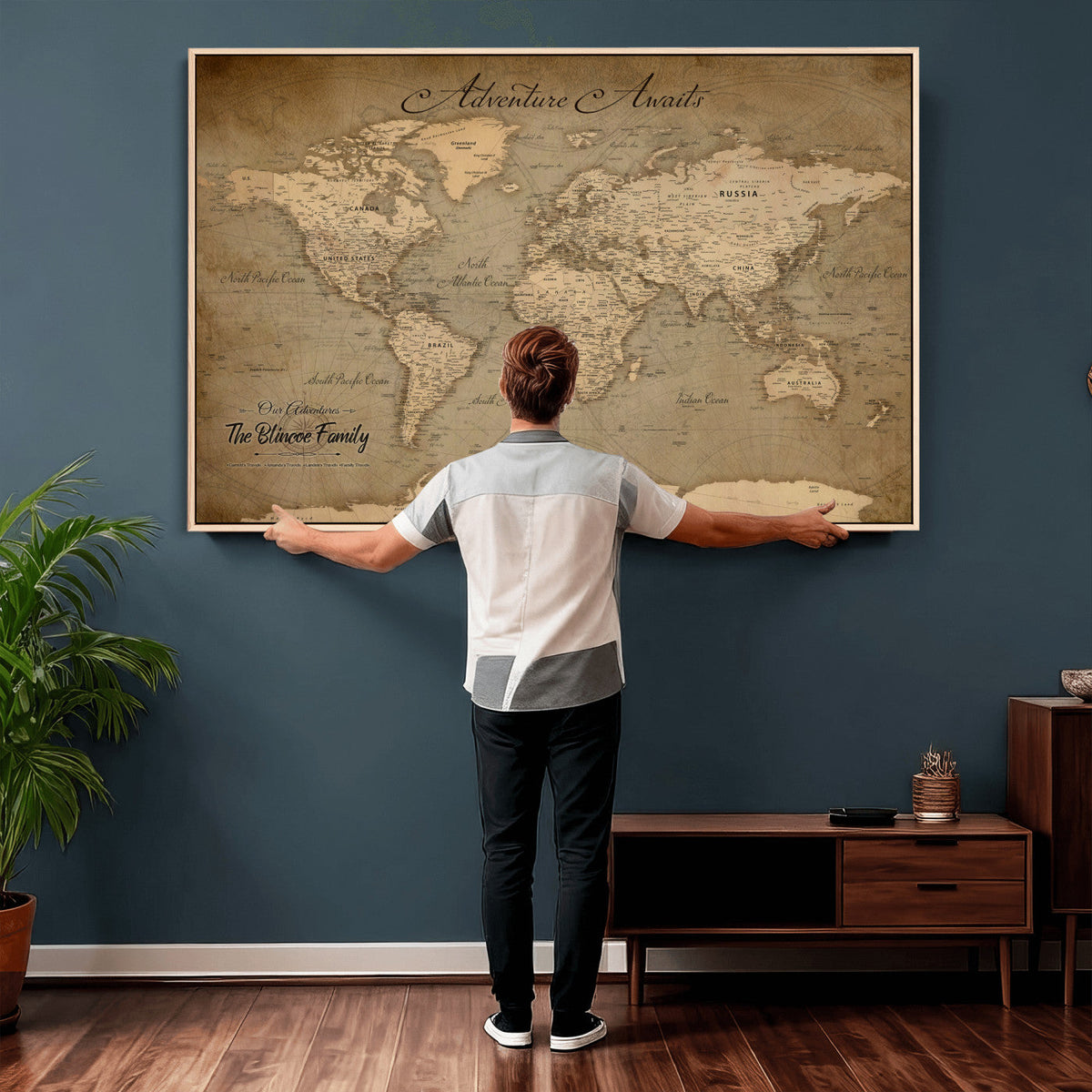 Personalized Framed Beige World Travel Map Wall Art with Pins, Family Travel Tracker, Family Room and Entryway Decor