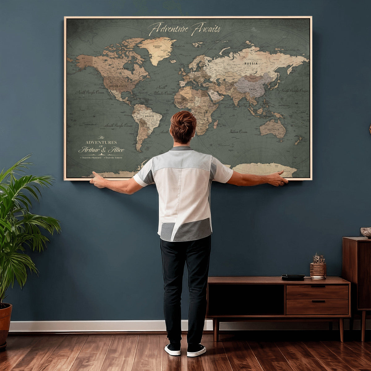 Personalized Framed Beige Modern World Map Canvas with Push Pins, Bucket List Map, Family Room and Dining Room Decor
