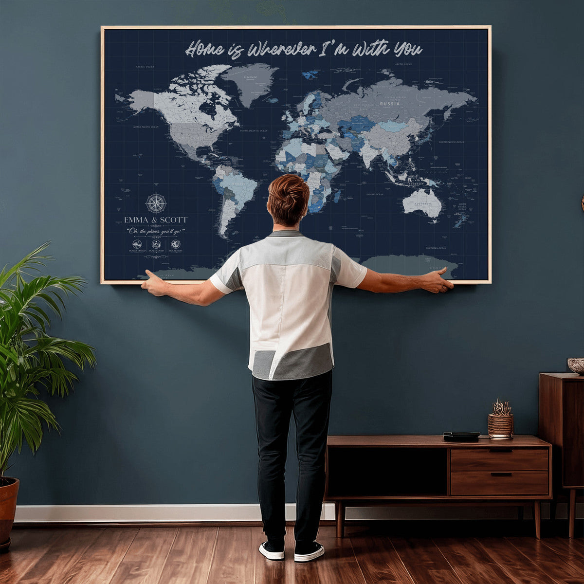 NEWMAP-18-MGV-CV-36X24 - Custom Push Pin World Map Wall Art Canvas Print | Personalized Travel Tracker with Pins Framed Large Print - NEWMAP-18