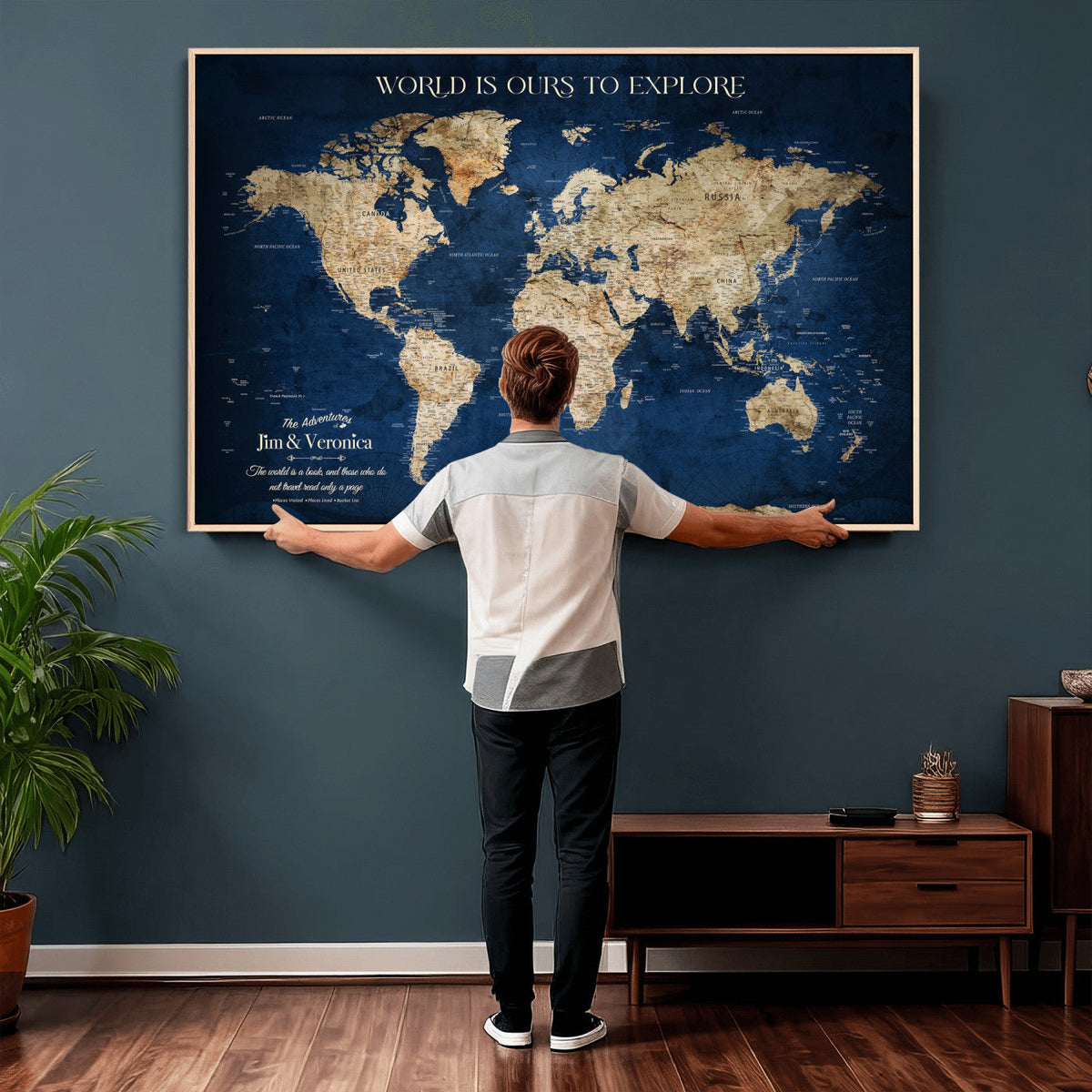 35296308-MGV-CV-36X24 - Custom Push Pin World Map Wall Art Canvas Print | Personalized Travel Tracker with Pins Framed Large for Home and Office Decor