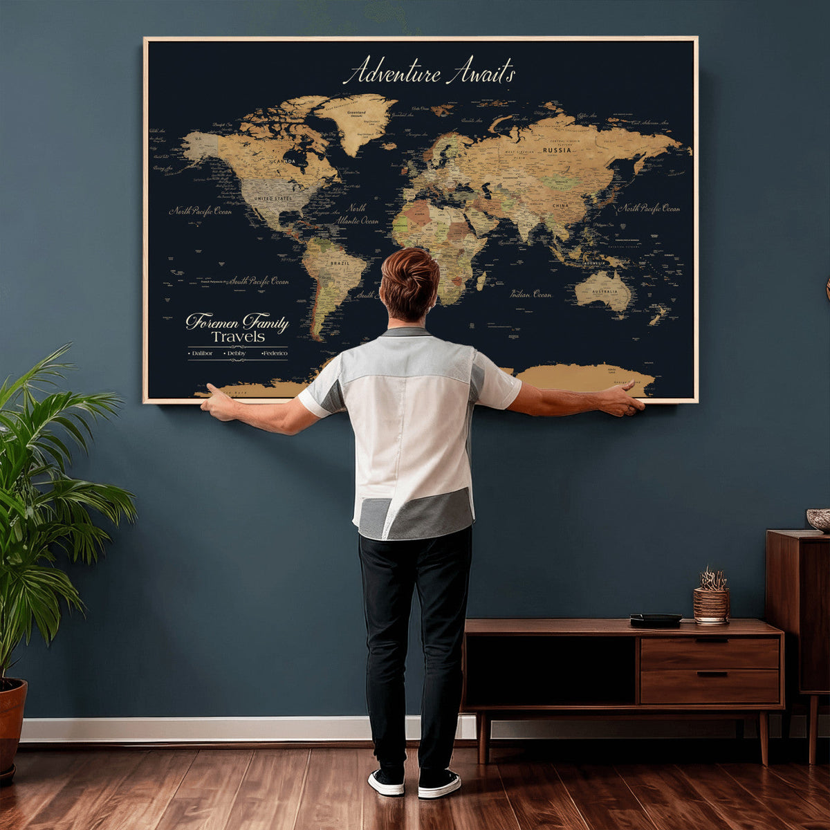 Personalized Framed Beige Geometric Family Push Pin World Map Canvas Print, Next Trip Planner Map, Family Room and Entryway Decor