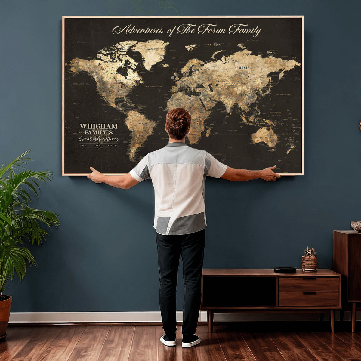 Personalized Framed Beige World Travel Map Wall Art with Pins, Couples Countries Visited Map, Family Room and Dining Room Decor