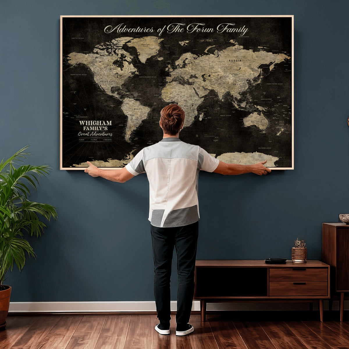 Personalized Framed Black Modern World Map Canvas with Push Pins, Next Trip Planner Map, Dining Room and Home Office Decor