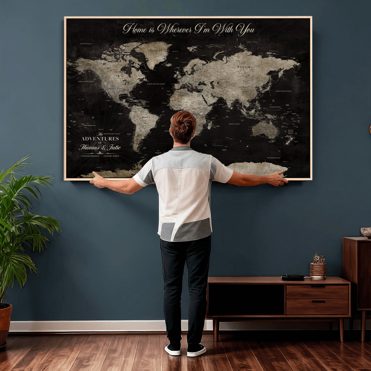 Personalized Framed Black Geometric World Map Canvas with Push Pins, Bucket List Map, Living Room and Dining Room Decor