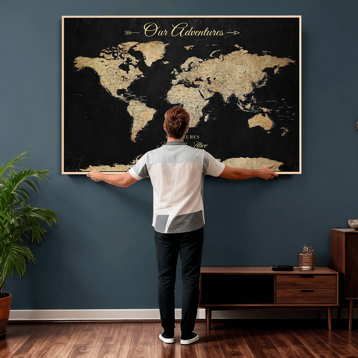 Personalized Framed Beige Push Pin World Map Canvas Print, Family Travel Tracker, Bedroom and Home Office Decor