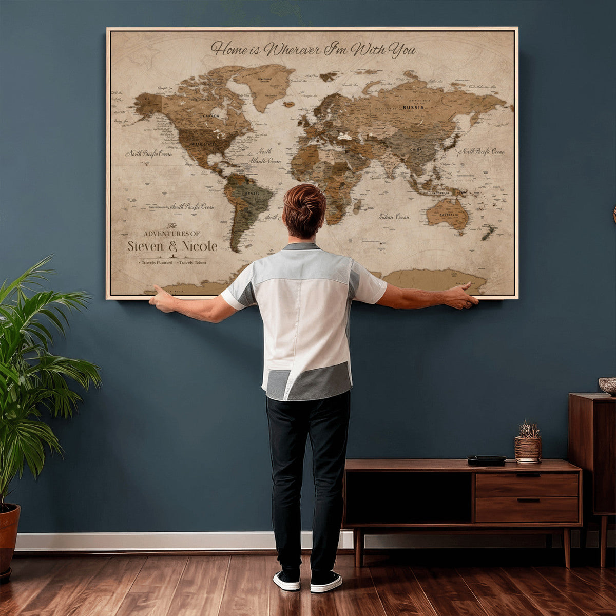 Personalized Framed Beige World Map Canvas with Push Pins, Honeymoon and Anniversary Gift, Living Room and Hallway Decor