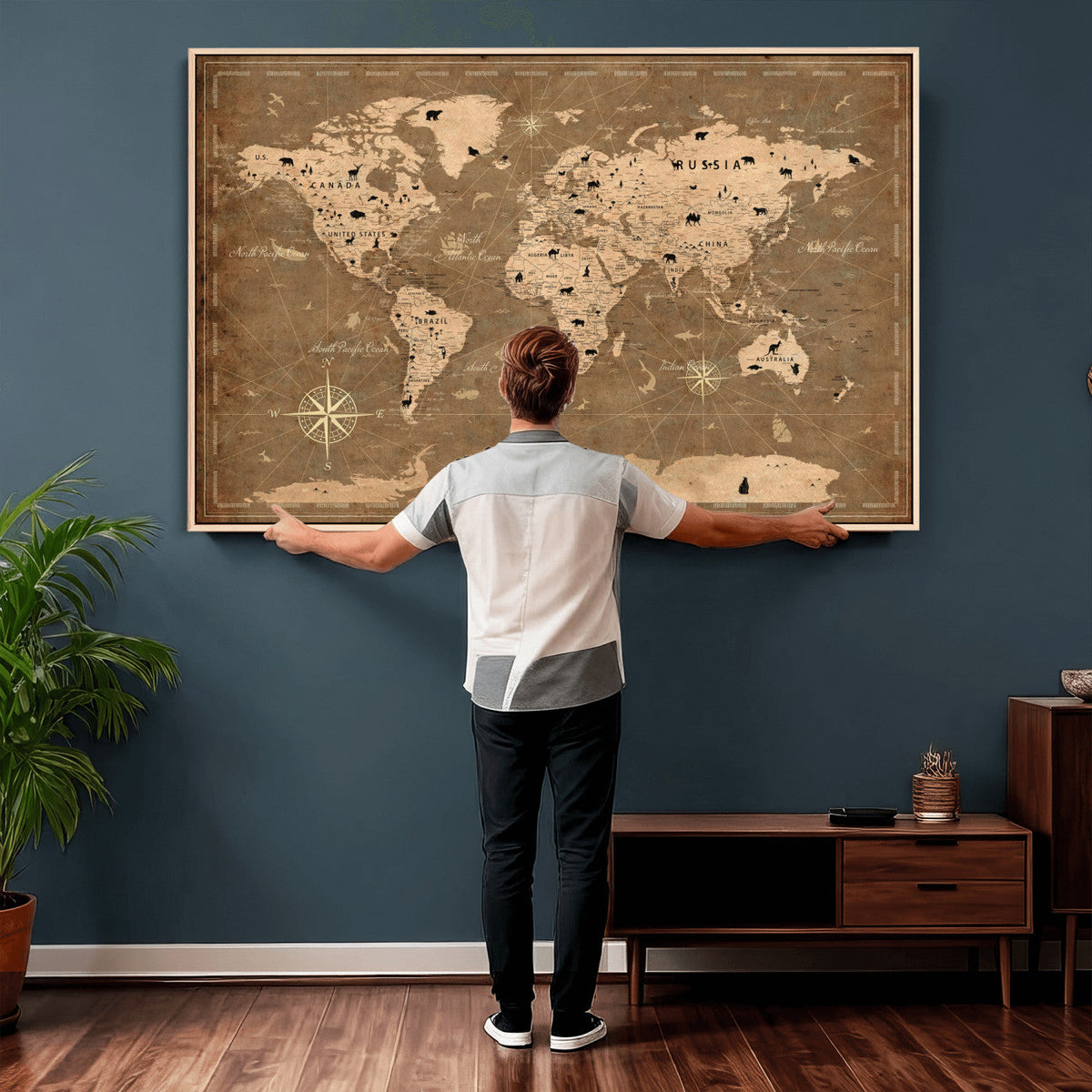16235283-MGV-CV-36X24 - Custom World Travel Map Wall Art with Pins, Family Travel Tracker, Living Room and Bedroom Decor