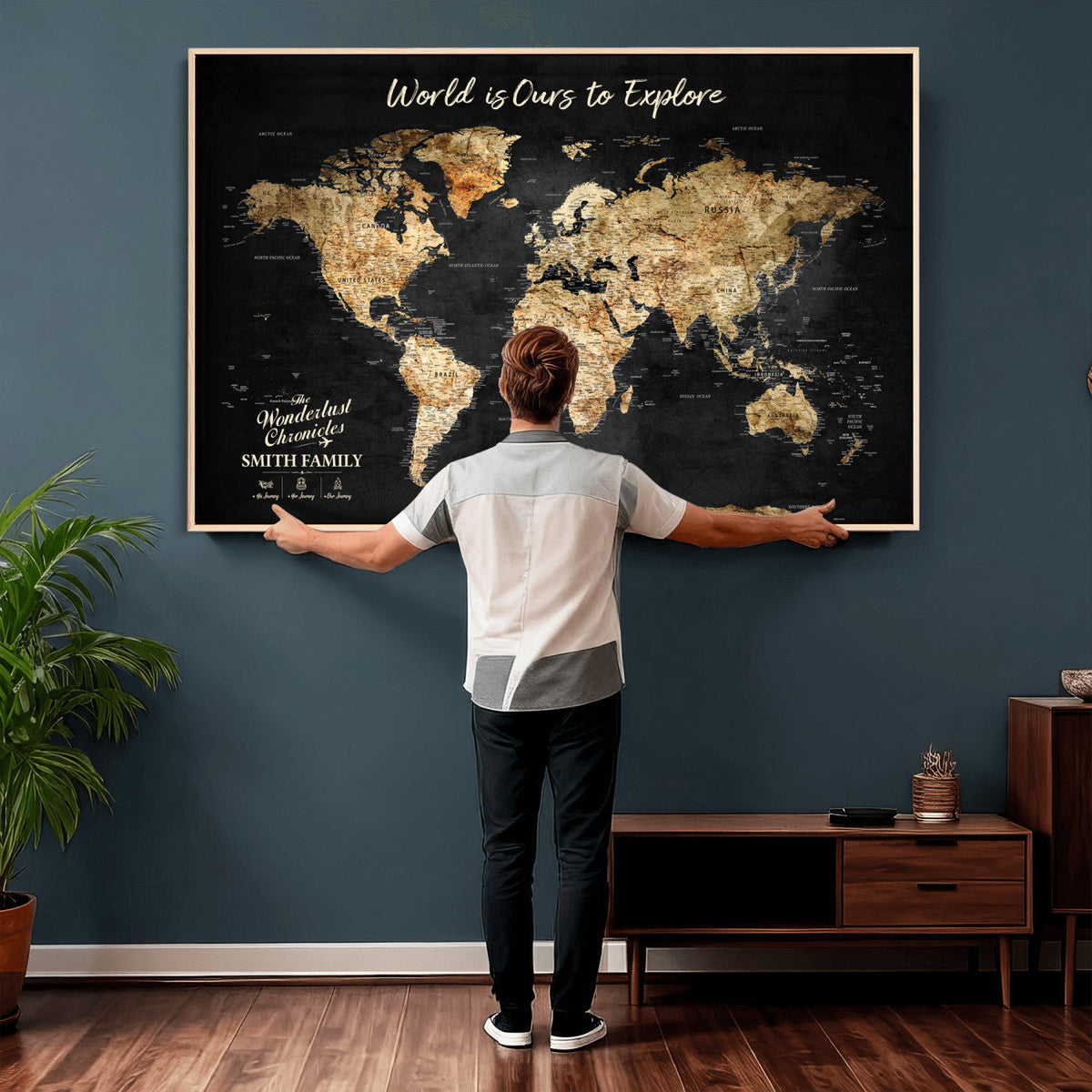 73732636-MGV-CV-36X24 - Custom Push Pin World Map Wall Art Canvas Print | Personalized Travel Tracker with Pins Framed Large for Home and Office Decor