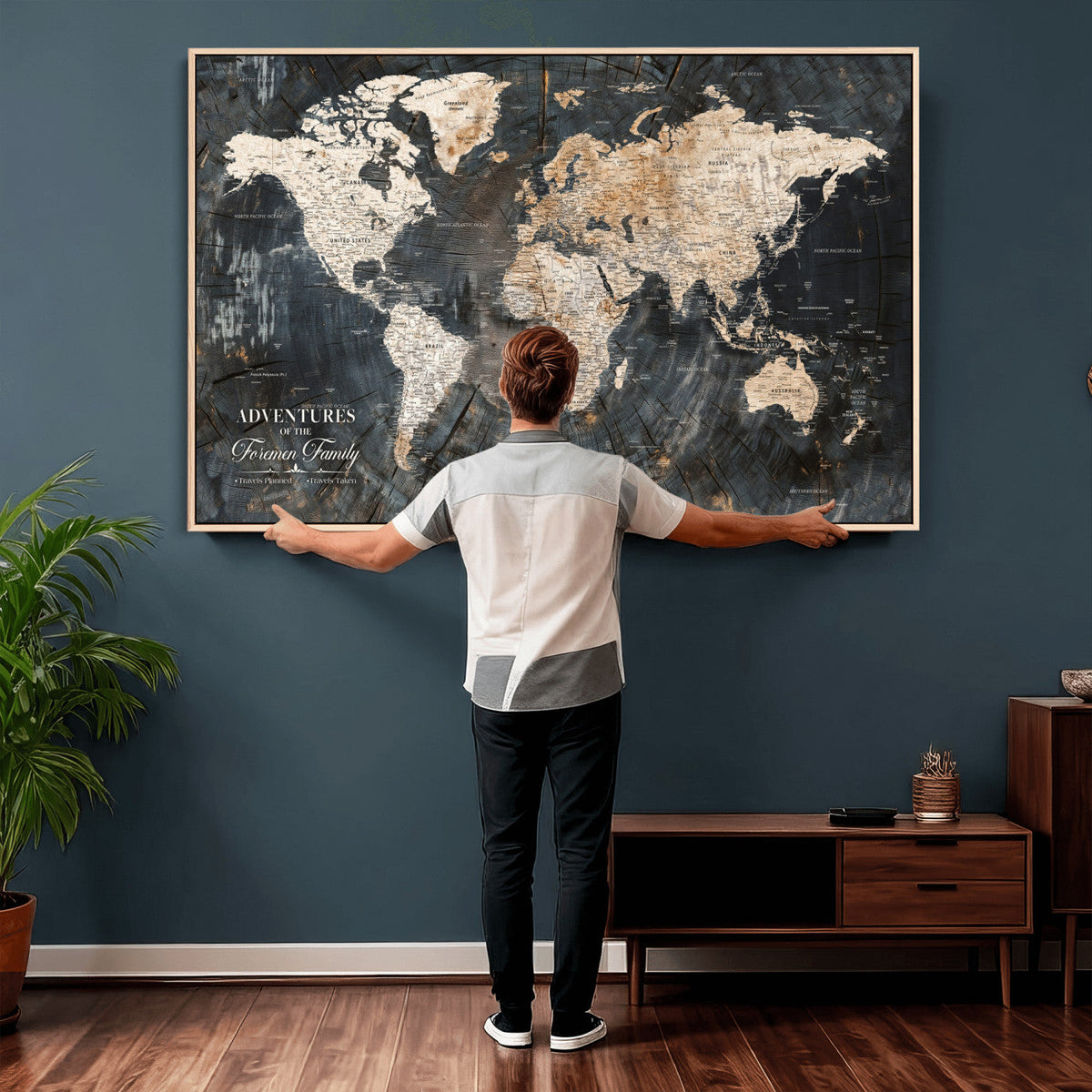 Personalized Framed Beige Push Pin World Map Canvas Print, Bucket List Map, Living Room and Hallway Decor