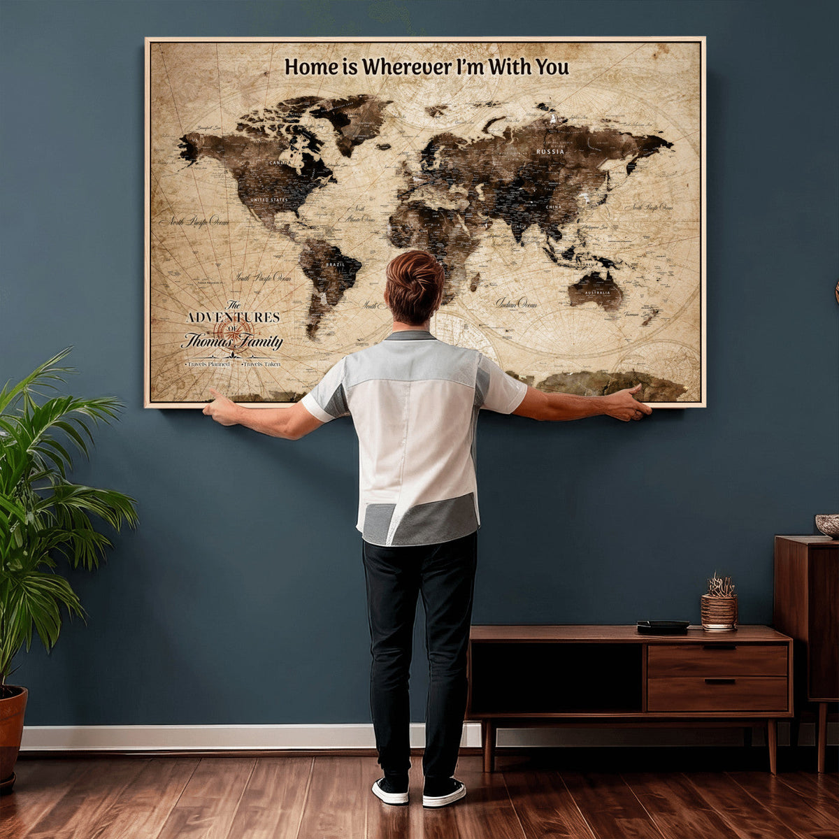 Personalized Framed Beige Modern World Travel Map Wall Art with Pins, Family Adventure Map, Living Room and Hallway Decor