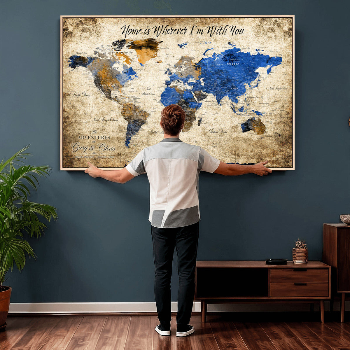 Personalized Framed Beige World Map Canvas with Push Pins, Honeymoon and Anniversary Gift, Living Room and Home Office Decor