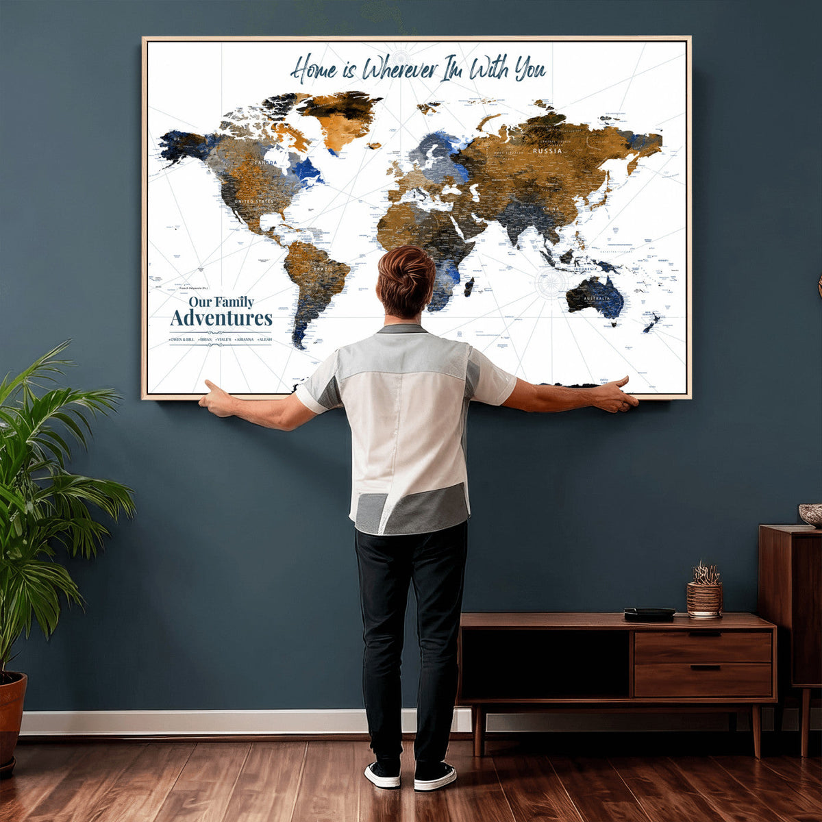 Personalized Framed Beige Modern Push Pin World Map Wall Art, Next Trip Planner Map, Family Room and Home Office Decor