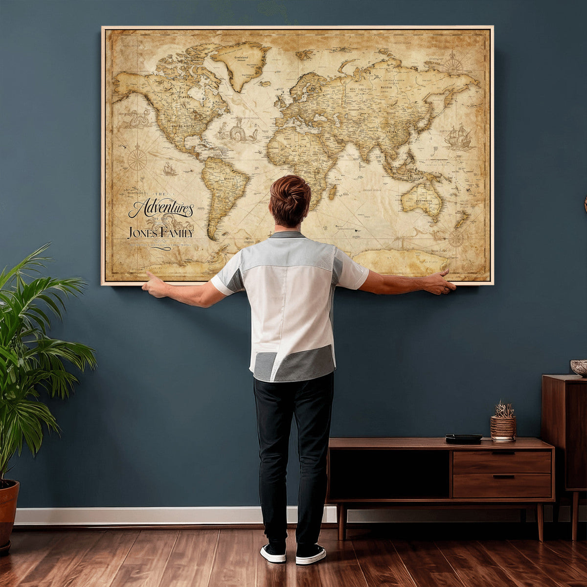 60956619-MGV-CV-36X24 - Custom Push Pin World Map Canvas Print | Personalized Travel Map Wall Art