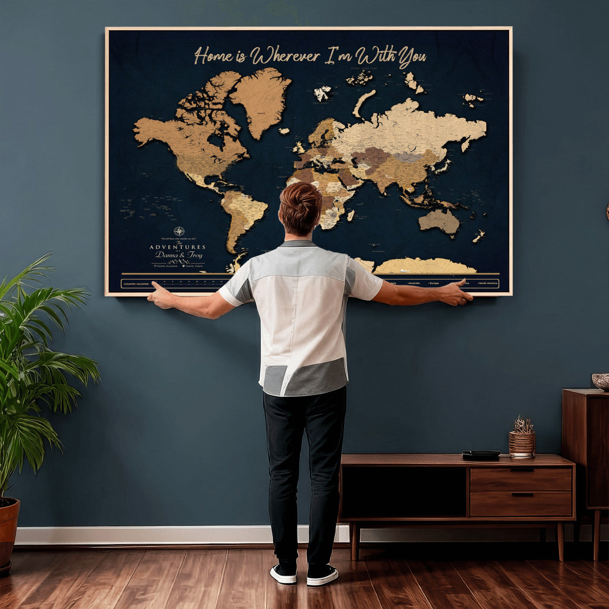 13903533-MGV-CV-36X24 - Extra Large Framed Personalize Push Pin World Map Wall Art Canvas Print for Travel Tracking - NEWMAP-152