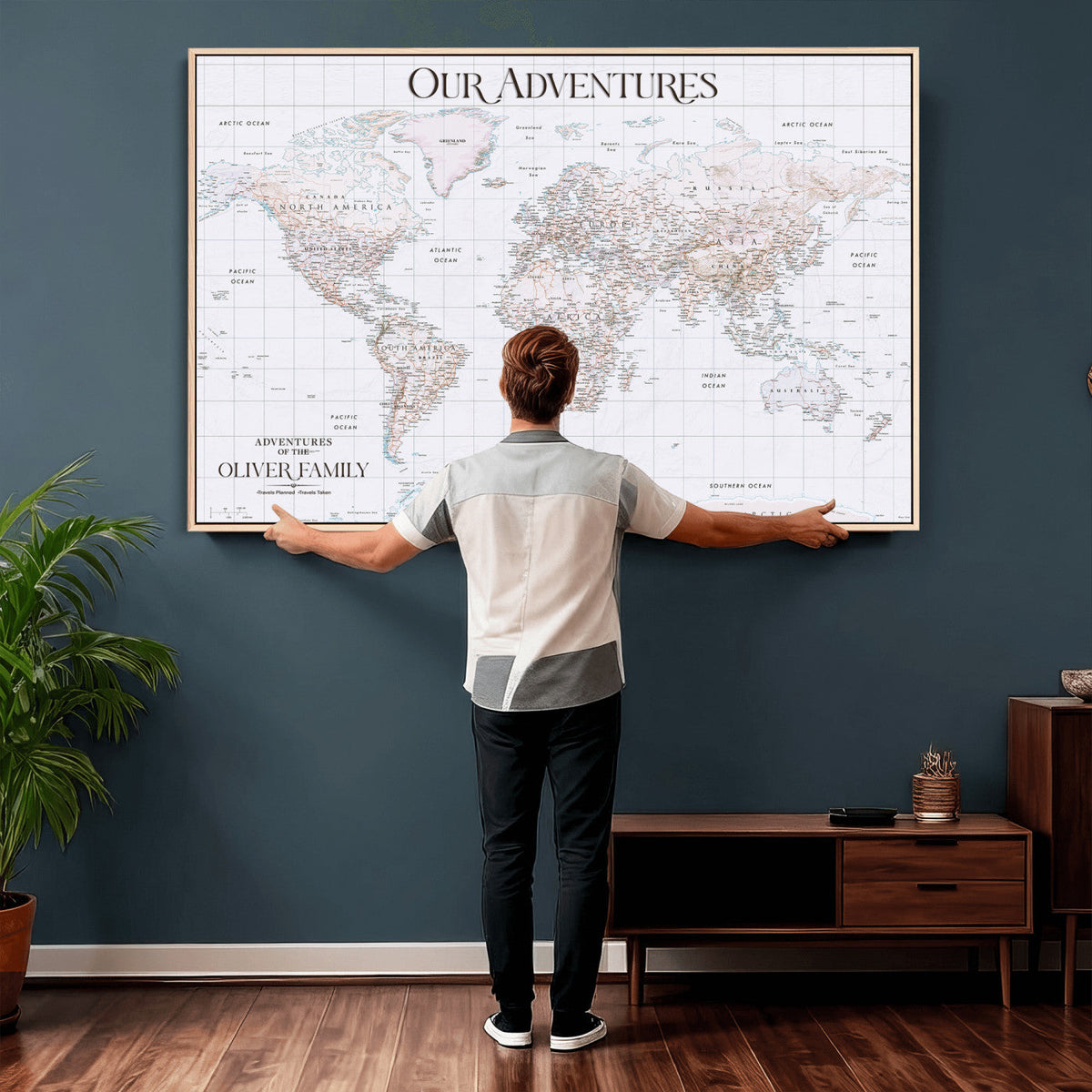 18074626D3DD-MGV-CV-36X24 - Extra Large Framed Personalized Push Pin World Map Wall Art Canvas Print for Travel Tracking