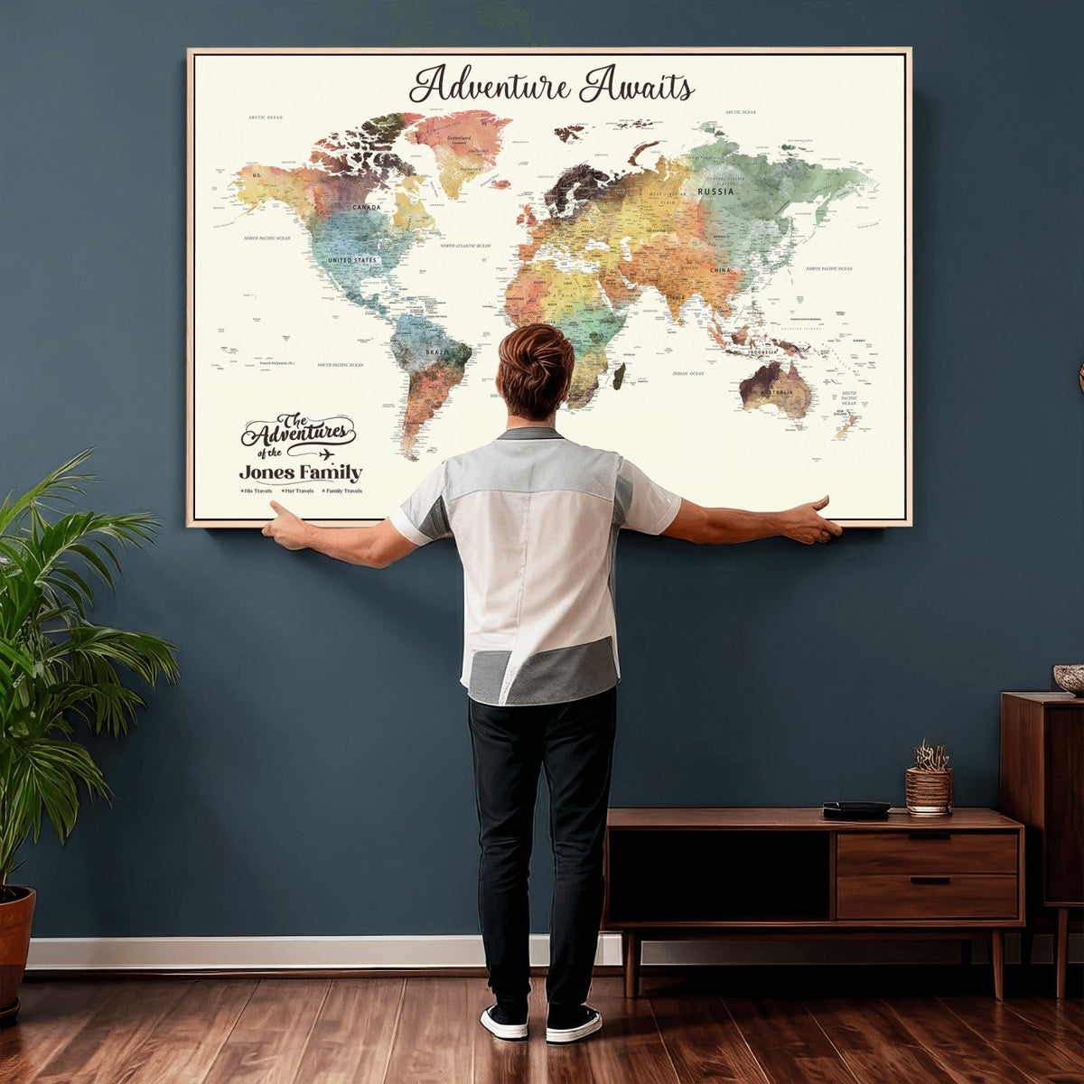 Personalized Framed Beige Modern Push Pin Travel Map Canvas Print, Family Travel Tracker, Bedroom and Home Office Decor