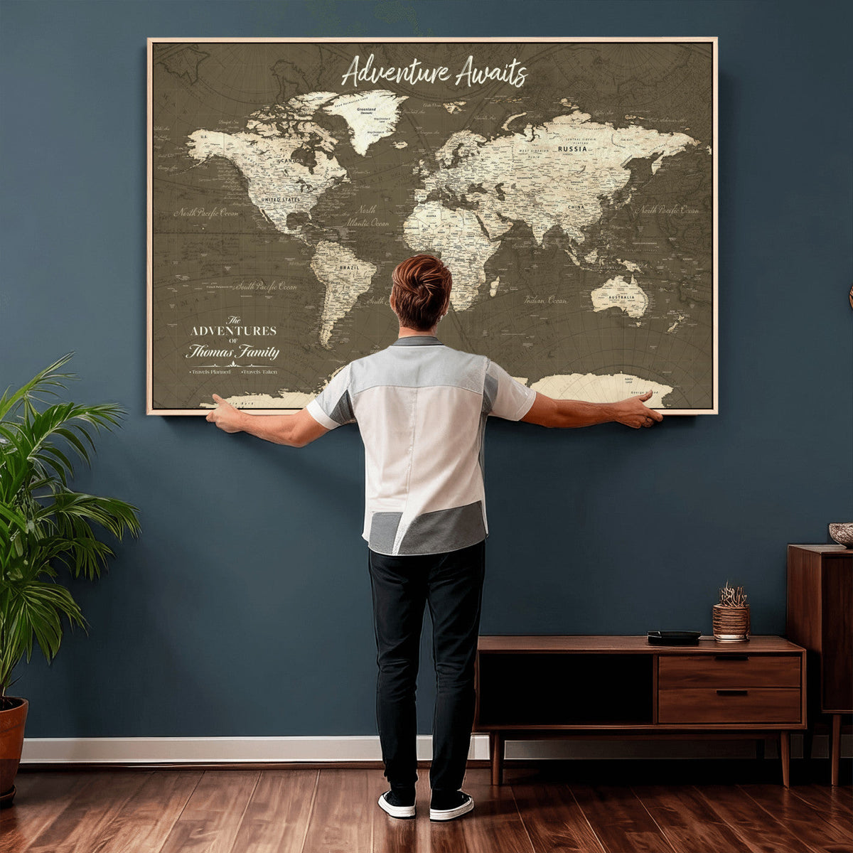 Personalized White Modern World Travel Map Wall Art with Pins, Honeymoon and Anniversary Gift, Living Room and Dining Room Decor