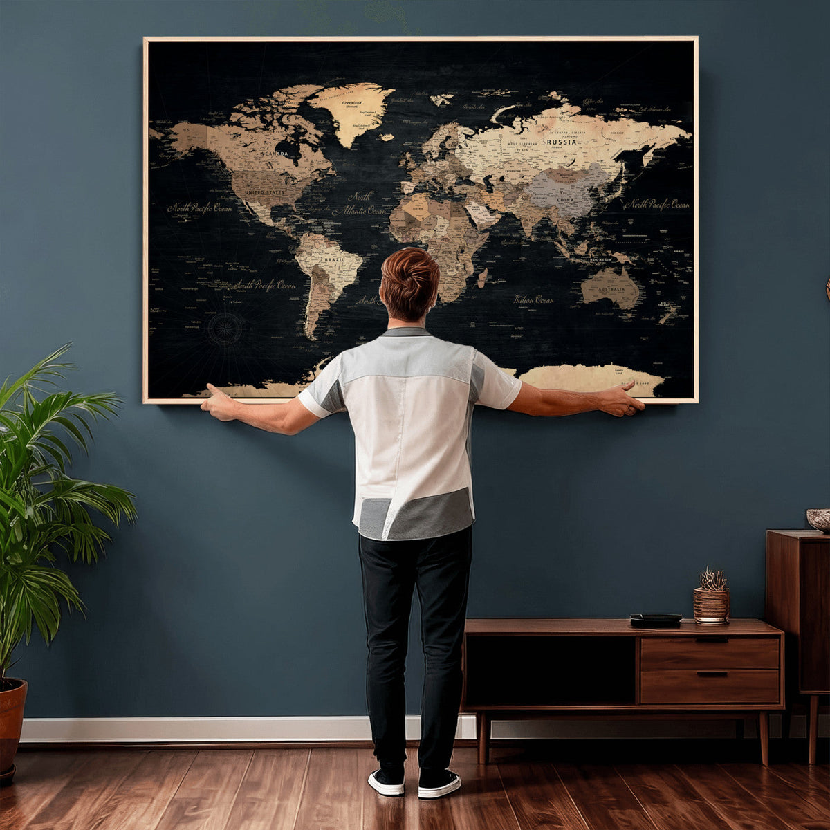55335455D-MGV-CV-36X24 - Custom Push Pin World Map Wall Art Canvas Print – Personalized Travel Tracker with Pins Framed Large for Home and Office Decor