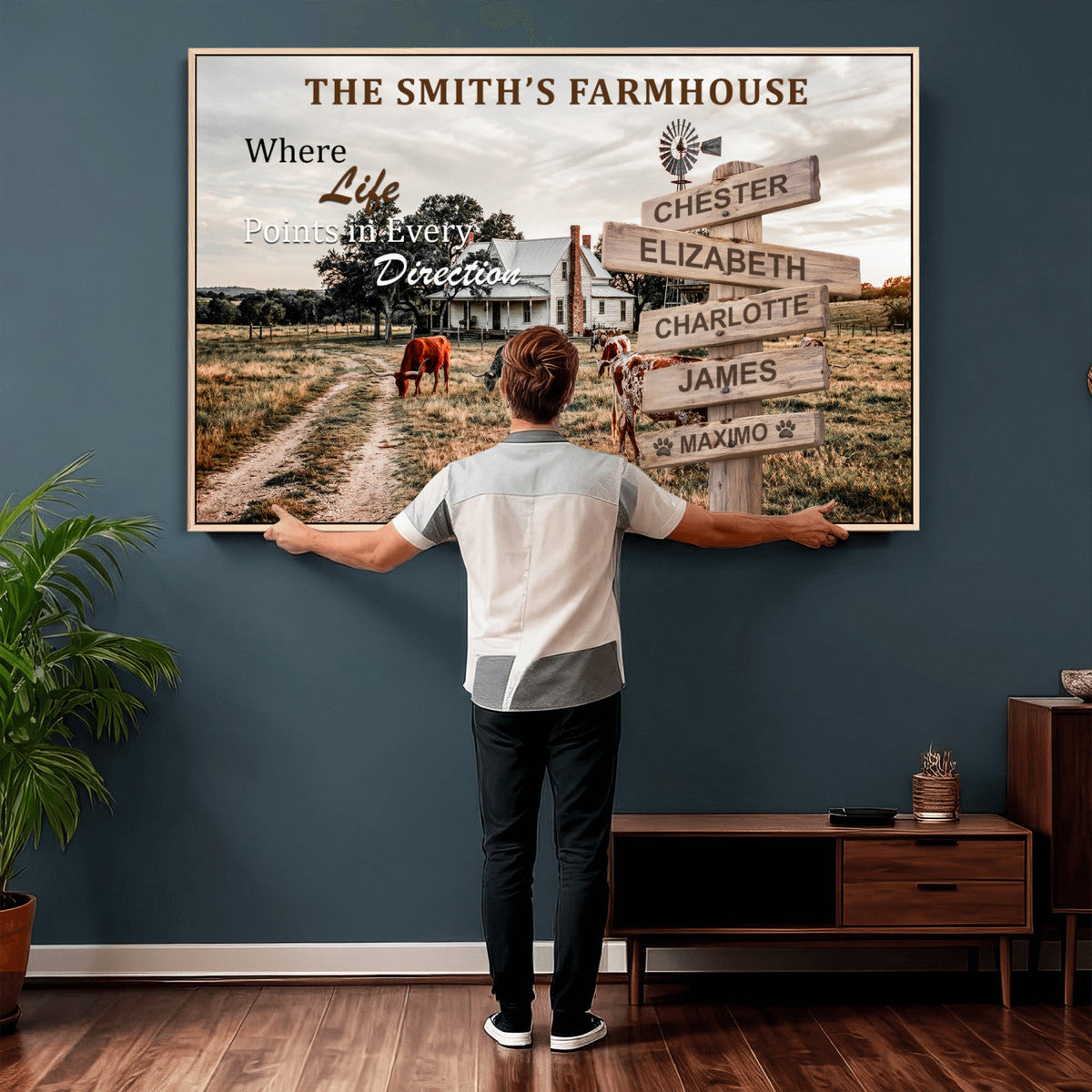 Personalized Farmhouse Family Signpost Canvas, Custom Name Wall Art