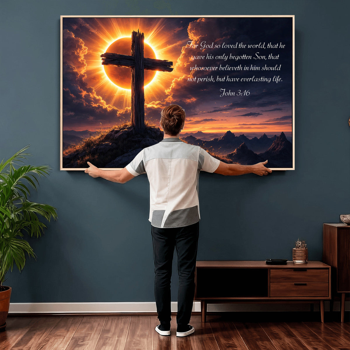 PatioSign02JSS-MGV-CV-36X24 - Custom Bible Verse Cross Canvas, Personalized Christian Wall Art