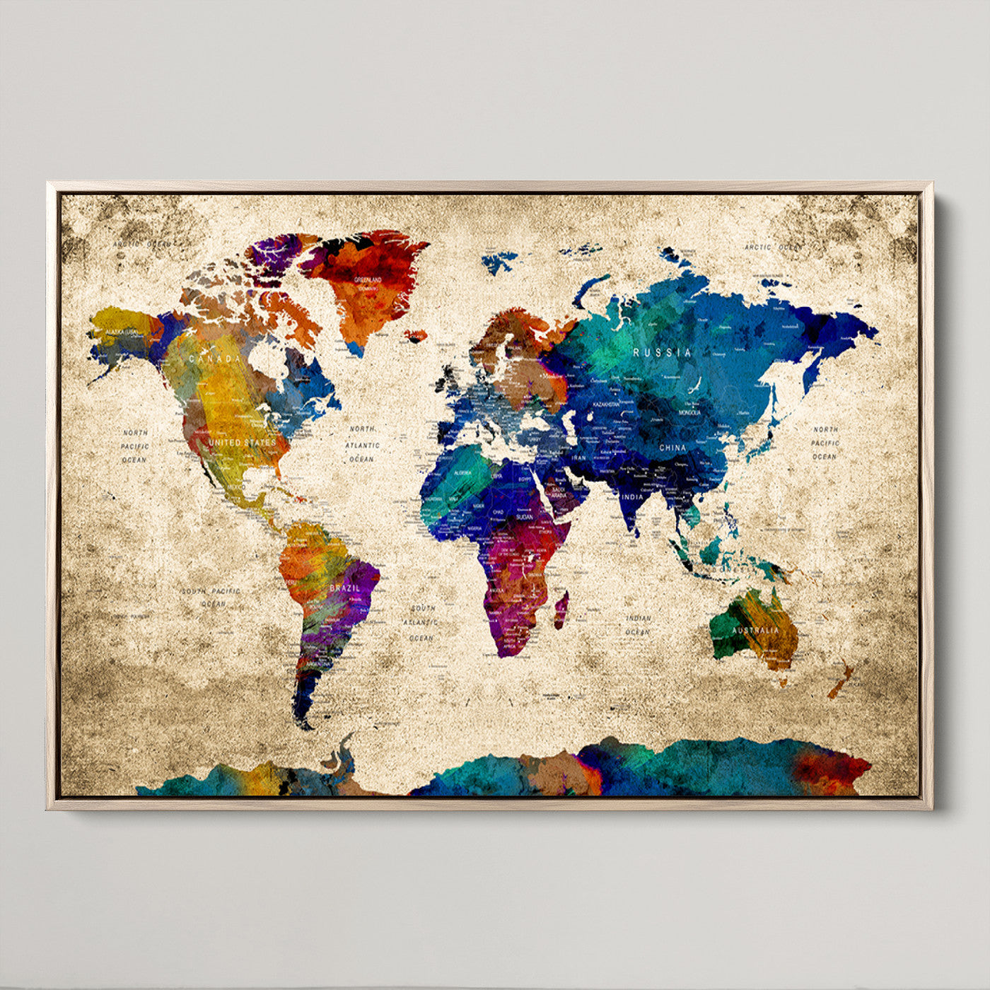 Push Pin World Map Canvas Print – Framed Wall Art for Couples to Track Their Travels – Anniversary Gift or Home Adventure Decor