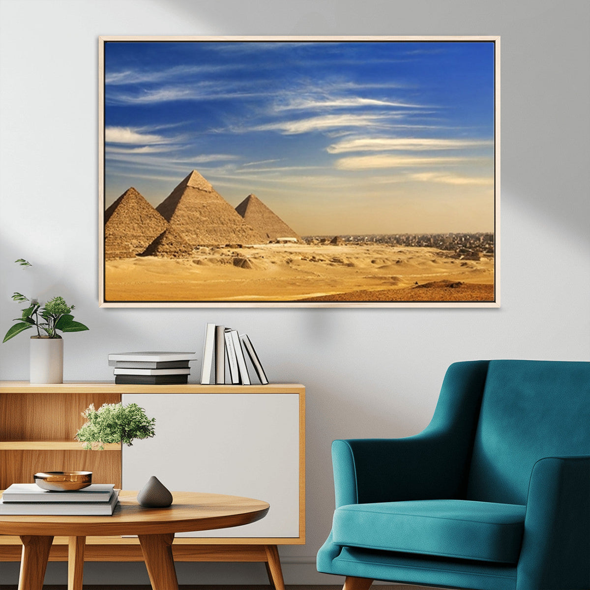 18193-MGV-FC-36X24_Natural-Majestic Ancient Wonders Wall Art Canvas Print, Golden Desert Under Endless Blue Sky Desert Sands Under Endless Blue Sky Artwork for Home Office