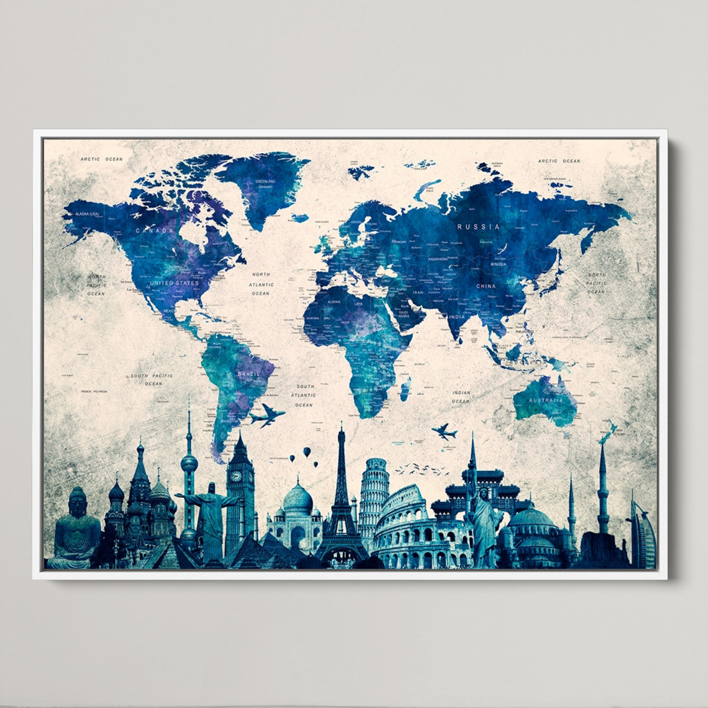 Navy Blue World Map Canvas Print, Wonder of World Map Push Pin Canvas Print