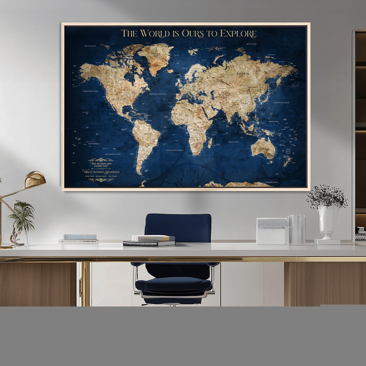 Custom World Map Wall Art – Personalized Framed Canvas Print with Push Pins for Travel Tracking, Anniversary or Couple Gift Ideas - H2-2