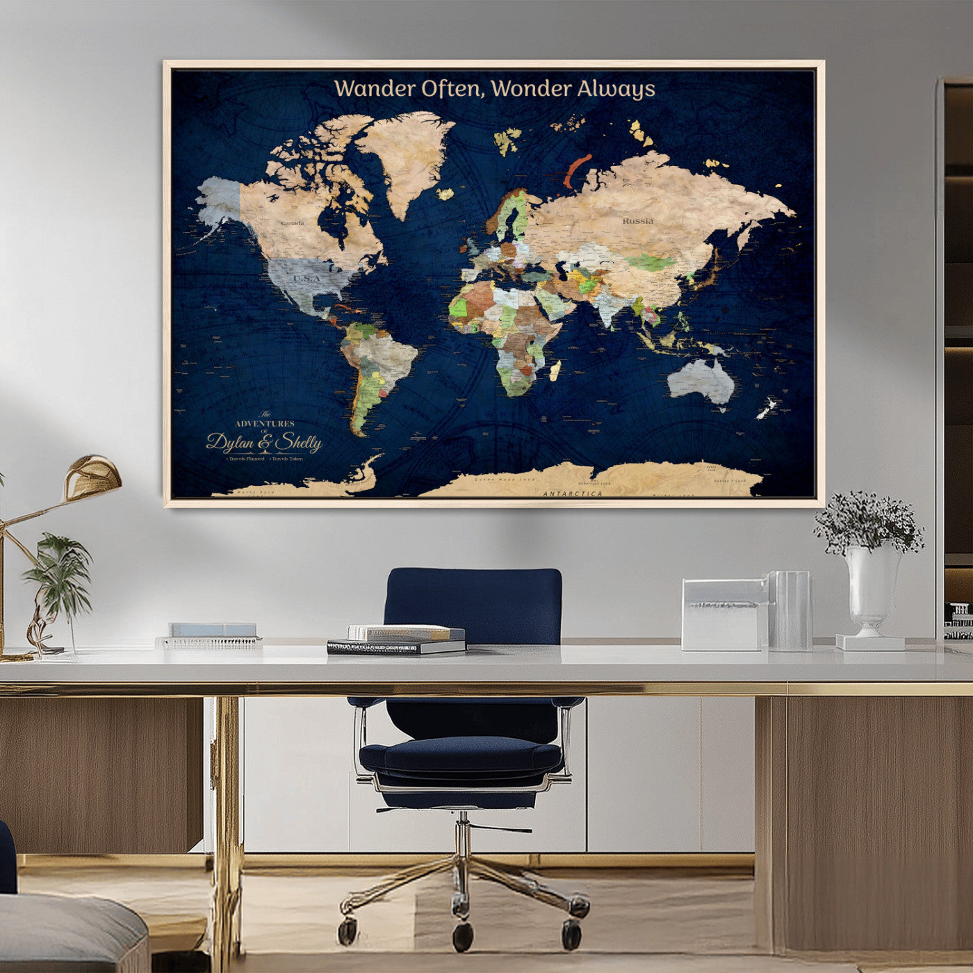 12399561-MGV-CV-30X20-Personalized World Map Print, Customizable Push Pin Framed World Map Print on Canvas - Custom Quote on Map Print