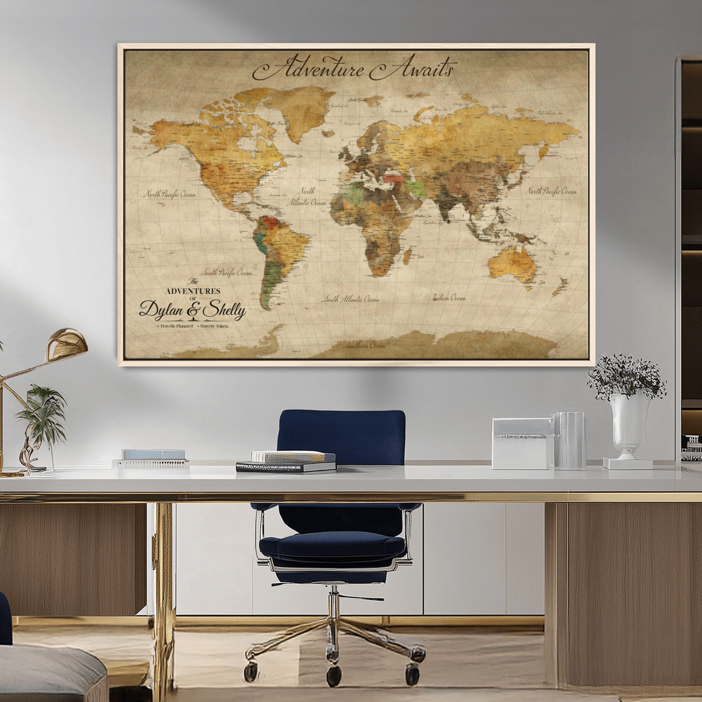 50298017-MGV-CV-36X24-Personalized World Map Print, Customizable Push Pin Framed World Map Print on Canvas - Custom Quote on Map Print