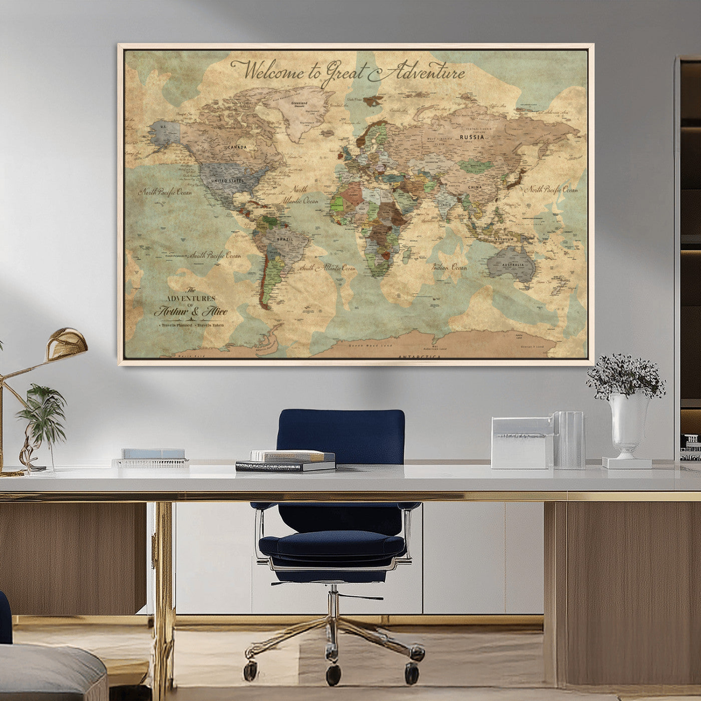 17693651-MGV-CV-36X24-Custom Push Pin World Map Wall Canvas Print – Personalized Travel Tracker with Pins – Framed Custom Quotie Canvas for Home Office Decor Art Print