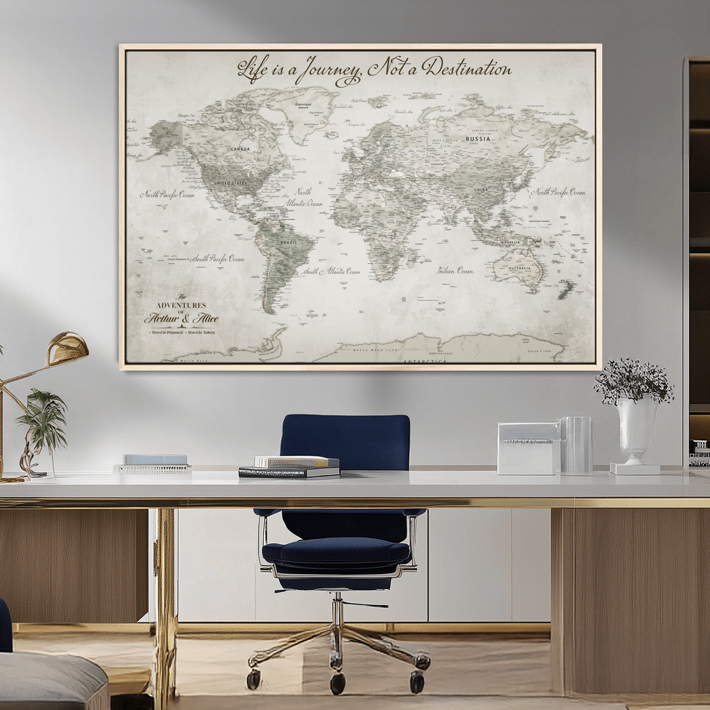 Custom Push Pin World Map Wall Canvas Print – Personalized Travel Tracker with Pins – Framed Custom Quotie Canvas for Home Office Decor
