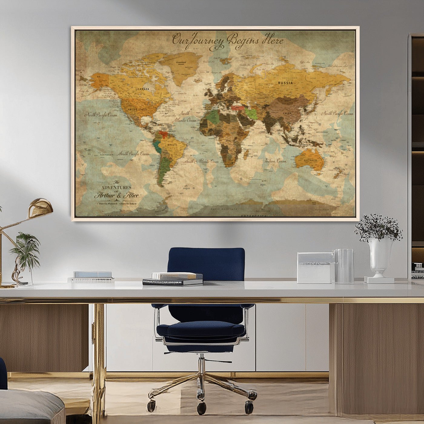 40572820-MGV-CV-36X24-Custom Push Pin World Map Wall Canvas Print – Personalized Travel Tracker with Pins – Framed Custom Quotie Canvas for Home Office Decor