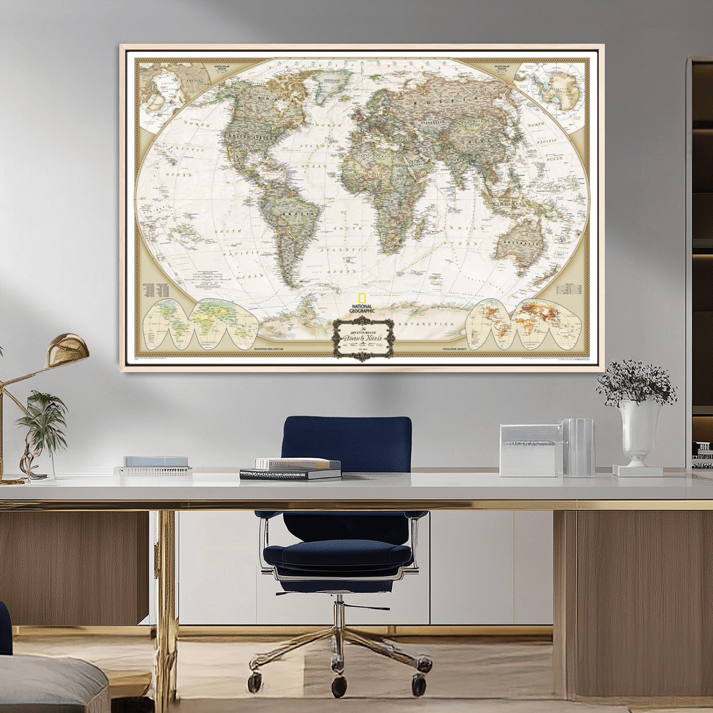 Custom Push Pin World Map Wall Art Canvas Print – Personalized National Geopraphic Map for Travel Plan – Framed Customize Animal Map for Stady Room Decor