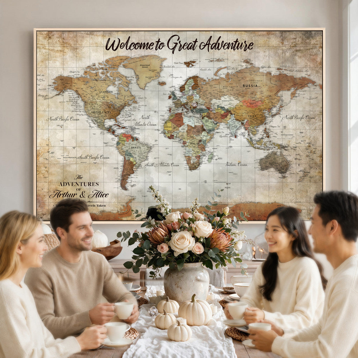 Personalized Beige Push Pin World Map Wall Art, Bucket List Map, Living Room and Family Room Decor