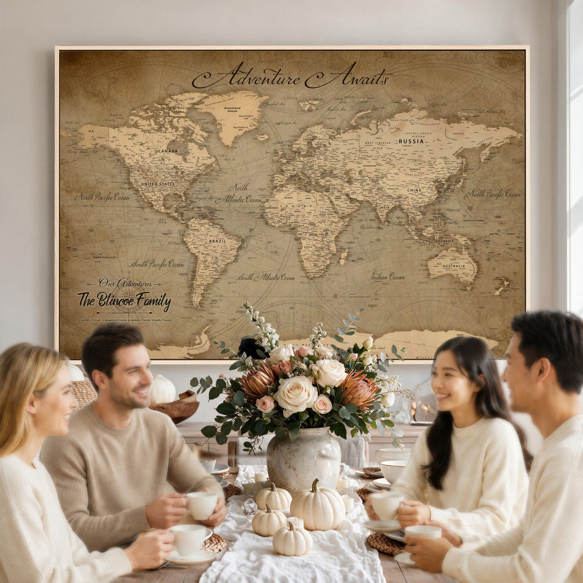Personalized Framed Beige World Travel Map Wall Art with Pins, Family Travel Tracker, Family Room and Entryway Decor