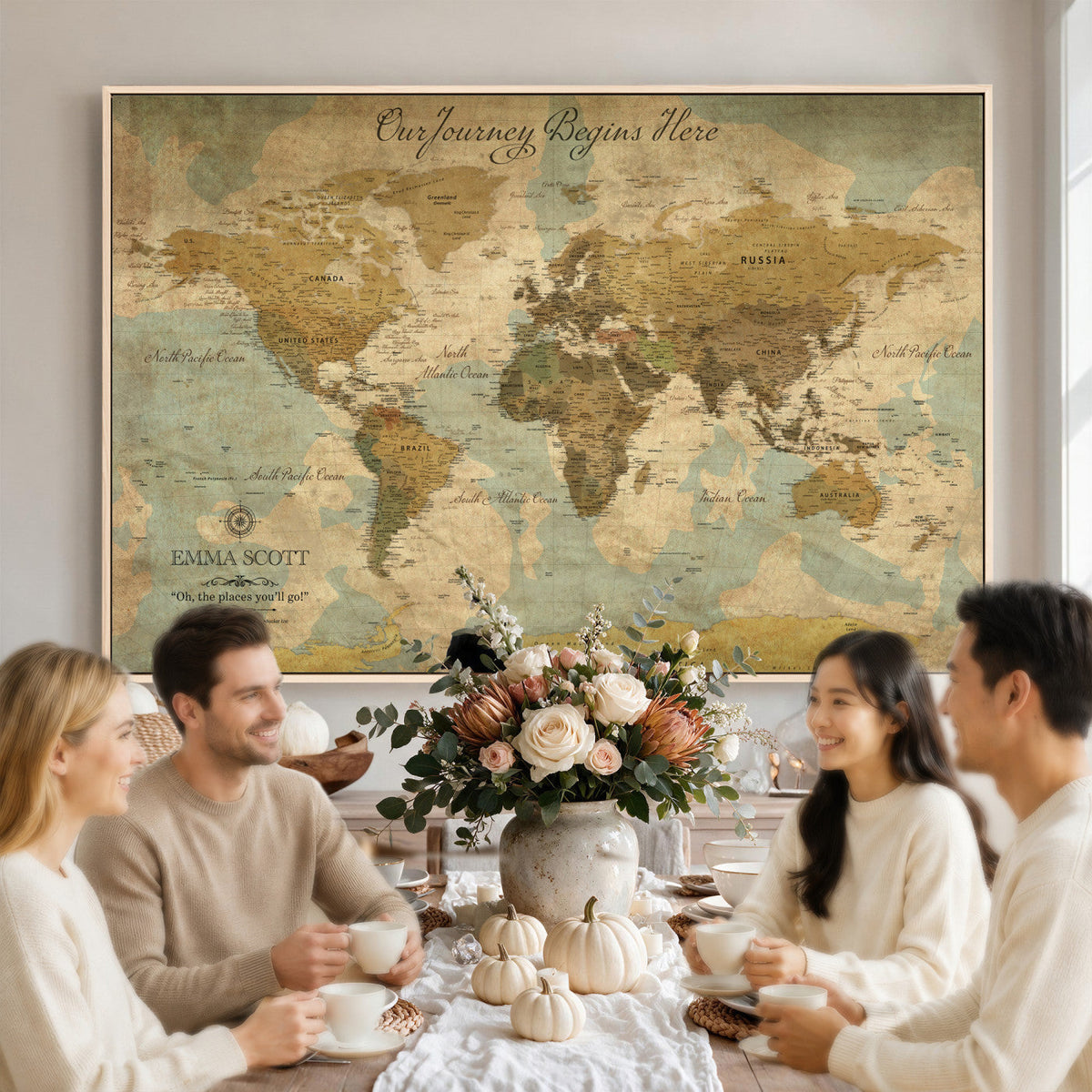 Personalized Navy Push Pin Travel Map Canvas Print, Couples Countries Visited Map, Living Room and Dining Room Decor