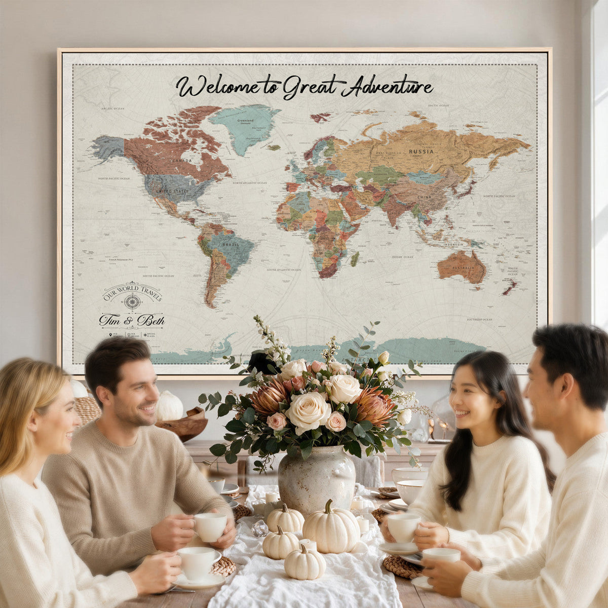 Custom Beige Push Pin World Map Canvas Print, Bucket List Map, Dining Room and Home Office Decor