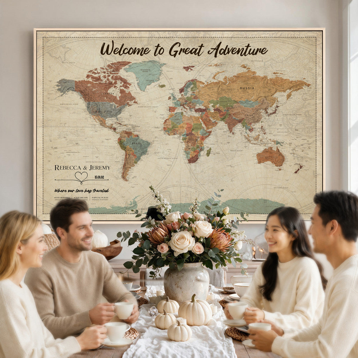 Large Personalized Beige Minimalist Push Pin World Map Wall Art, Next Trip Planner Map, Bedroom and Home Office Decor