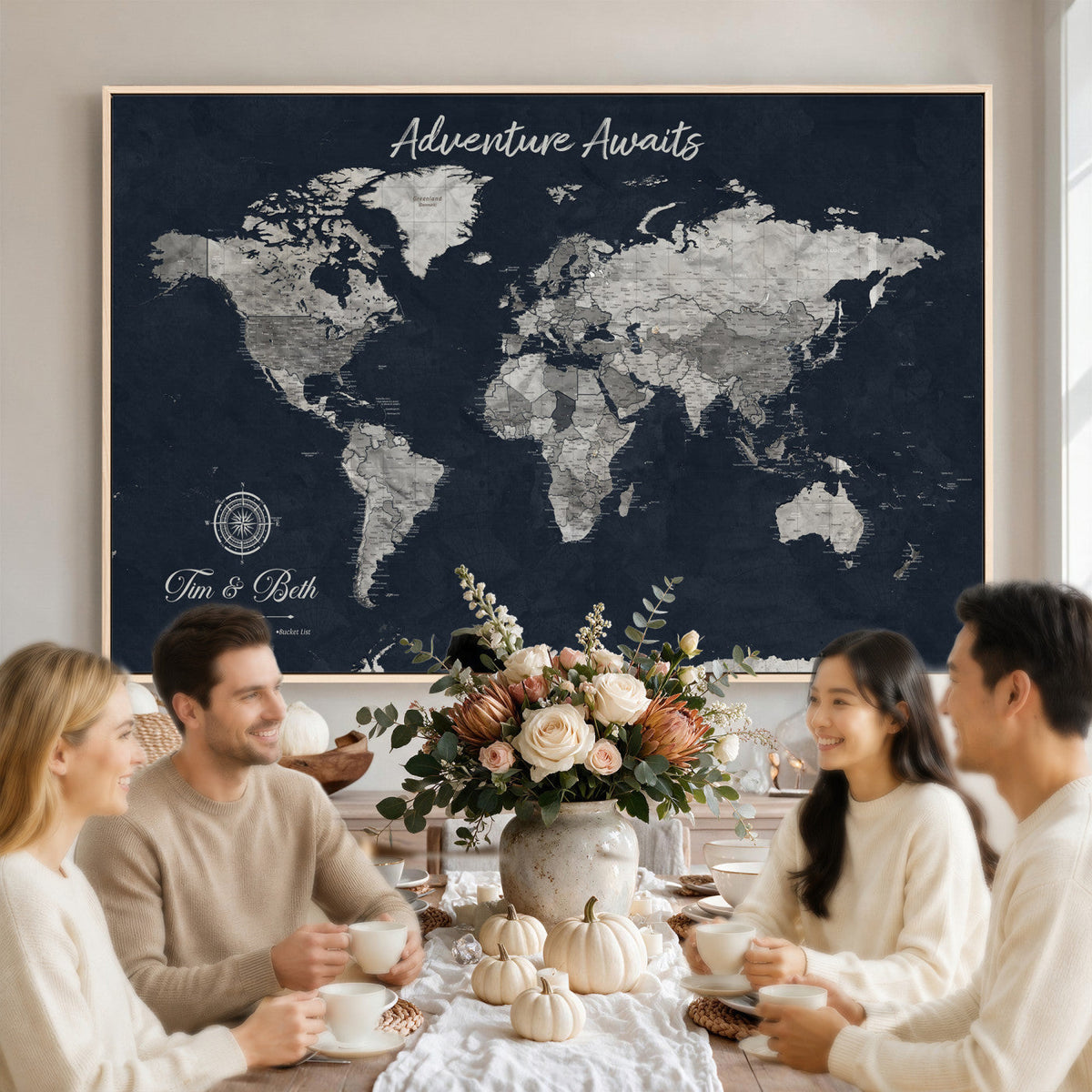Personalized Framed Beige Vintage Push Pin World Map Wall Art, Bucket List Map, Study and Hallway Decor