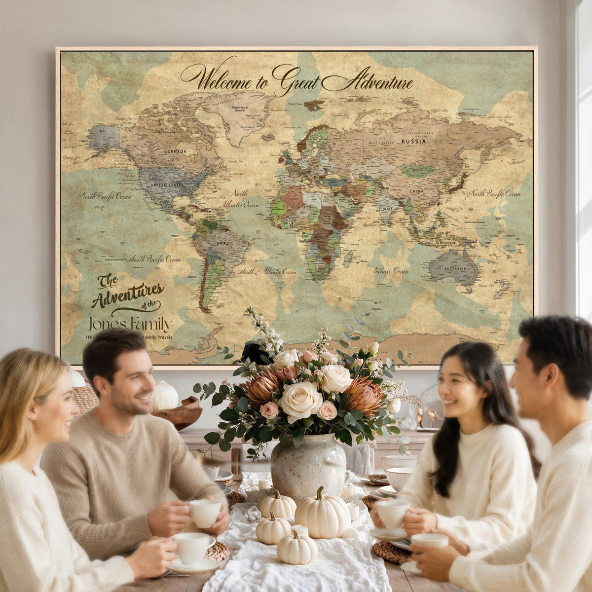 Personalized Framed Navy Vintage Push Pin World Map Wall Art, Places Visited Tracker, Bedroom and Hallway Decor