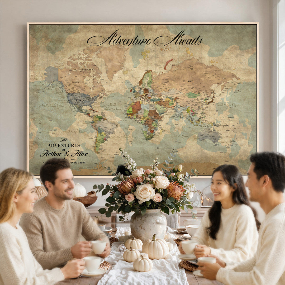 Custom Beige World Travel Map Wall Art with Pins, Bucket List Map, Dining Room and Study Decor