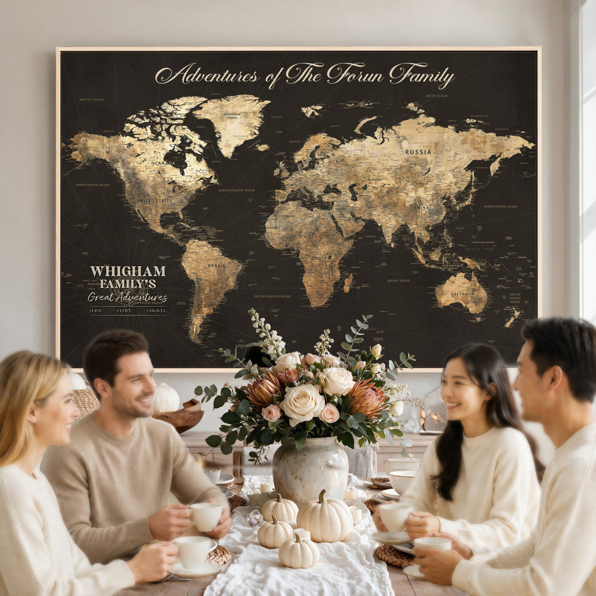 Personalized Framed Beige World Travel Map Wall Art with Pins, Couples Countries Visited Map, Family Room and Dining Room Decor
