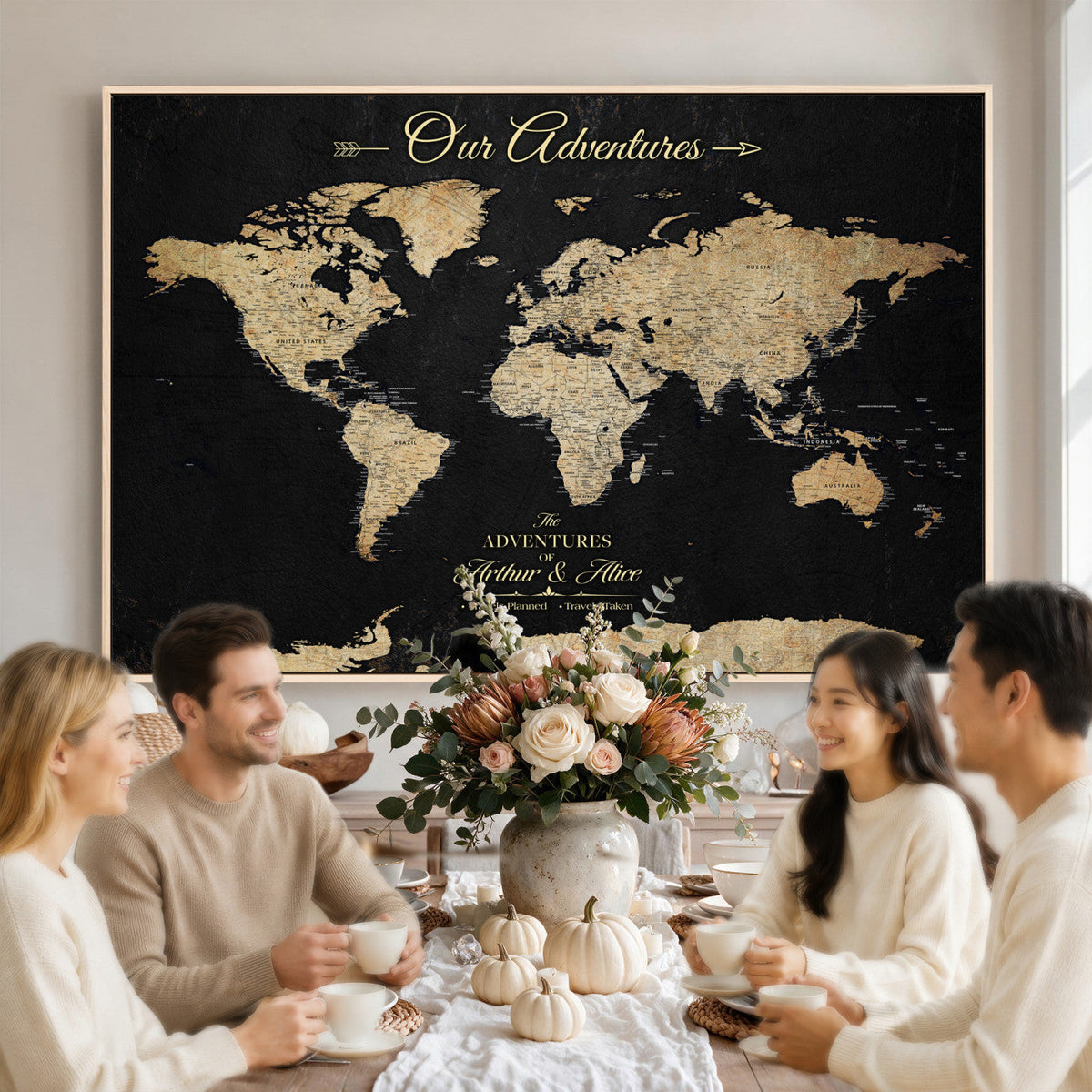 Personalized Framed Beige Push Pin World Map Canvas Print, Family Travel Tracker, Bedroom and Home Office Decor